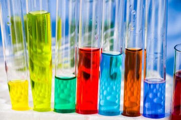 Laboratory instruments, glassware and reagents, colorful liquid chemical elements