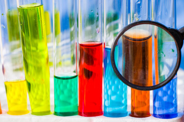 Laboratory instruments, glassware and reagents, colorful liquid chemical elements