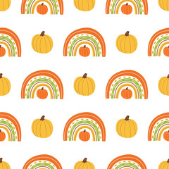 Fall rainbow with pumpkin pattern Cute autumn seamless background for fall season. Baby rainbow. Thanksgiving time