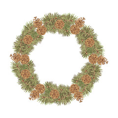Fototapeta na wymiar Wreath of Ponderosa Pine branches and cones. Vintage hand-drawn greeting cards. Vector illustration.