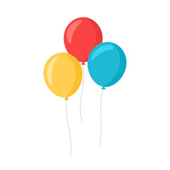 Balloons in cartoon flat style isolated on white background. Set of three colorful balloons