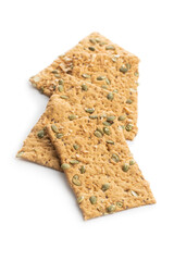 The  crispy bread with pumpkin seeds. Knackebrot on white background.