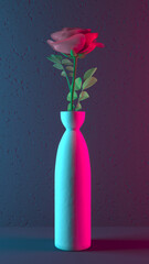 Red rose in a vase, stylish fashionable card for a loved one for a holiday. Amazing 3D illustration