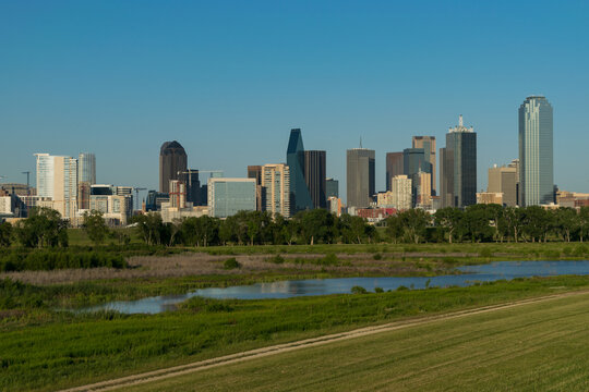 Part of the Dallas skyline as seen from the Trinity River levee
