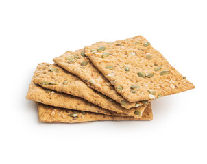 The  crispy bread with pumpkin seeds. Knackebrot on white background.