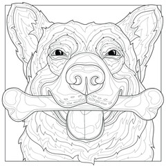 Dog with a bone in its mouth.Coloring book antistress for children and adults. Illustration isolated on white background.Black and white drawing.Zen-tangle style.