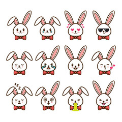 Cute rabbit emoticon set isolated background