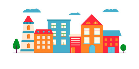 Landscape of Small modern houses facade with window, garage, balcony and roof. Exterior of building apartment with trees. Vector cityscape illustration. simple background in geometric style