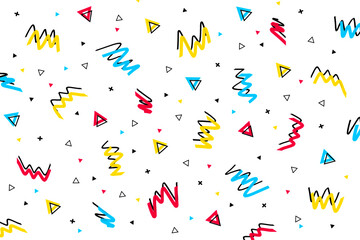 Memphis pattern of abstract geometric shapes. Seamless pop art color vector, trendy funky doodle style vector for postcards,  poster, banner or wallpaper background