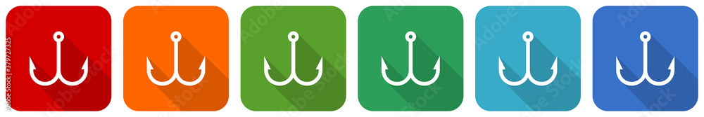 Aufkleber fishing hook icon set, flat design vector illustration in 6 colors options for webdesign and mobile 
