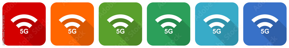 Leinwandbilder 5g internet wireless communication, network icon set, flat design vector illustration in 6 colors op