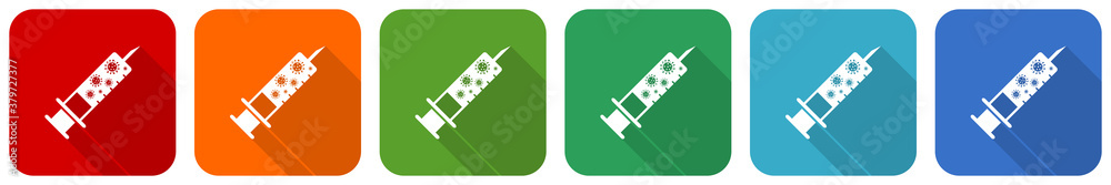 Poster vaccine, injection, syringe symbol icon set, flat design vector illustration in 6 colors options for
