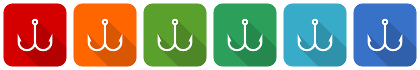 Fishing hook icon set, flat design vector illustration in 6 colors options for webdesign and mobile applications