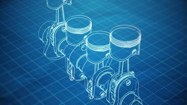 Abstract background with animation of blueprint drawing gears, engines, buildings, airplanes and earth globes. Animation of seamless loop.