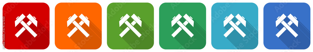 Poster Mining icon set, flat design vector illustration in 6 colors options for webdesign and mobile applications