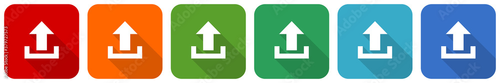 Poster Upload icon set, flat design vector illustration in 6 colors options for webdesign and mobile applications