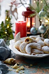 German and Austrian traditional crescent moon cookies with nut filling. Vanillekipferl is crescent shaped biscuits made at Christmas. Holiday baking concept, Christmas cookies.