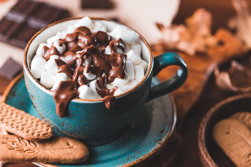 Close-up of hot chocolate with marshmallows on the table. Autumn or winter cozy still life.
