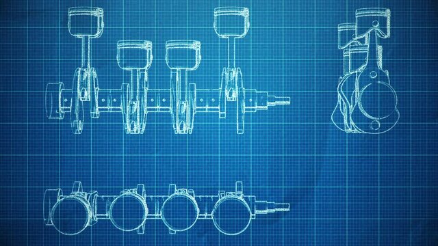 Abstract background with animation of blueprint drawing gears, engines, buildings, airplanes and earth globes. Animation of seamless loop.