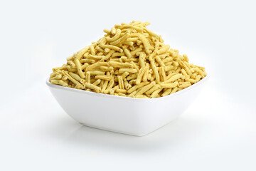Ratlami sev Indian snacks or namkeen in white bowl in white background