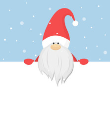 Christmas gnome holding banner for a greeting card. Greeting card. Vector illustration in flat style