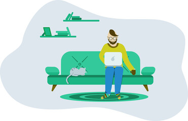 Funny freelancer in glasses and stripped socks sitting on a sofa with a laptop and a grey cat at home office