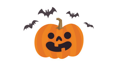 Happy Halloween design. Cute pumpkin with carved smile face, spooky season. Funny illustration. Trick or treat decoration.
