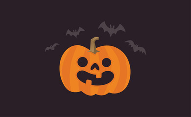 Happy Halloween design. Cute pumpkin with carved smile face, spooky season. Funny illustration. Trick or treat decoration.