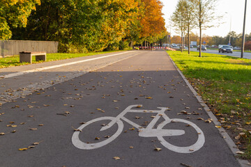Obraz premium bicycle road sign on the road in autumn