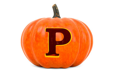 Letter P Halloween Font. Pumpkin with carved letter, 3D rendering
