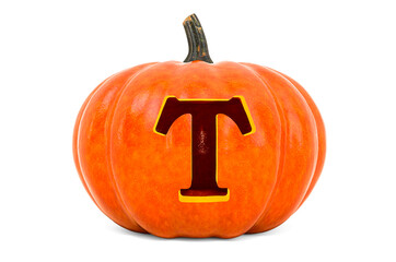 Letter T Halloween Font. Pumpkin with carved letter, 3D rendering