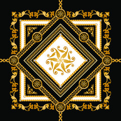 Seamless pattern decorated with precious stones, gold chains and pearls.	