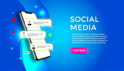 Chatting and communication vector concept 3d. Phone with likes and message icons. Smartphone application social media illustration