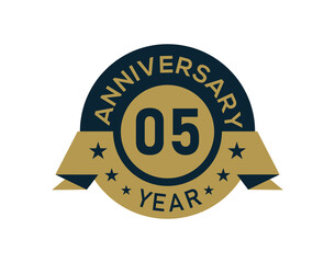 Gold 5 years anniversary badge with banner image, Anniversary logo with golden isolated on white background