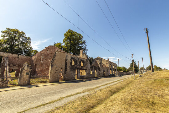 Ruined street - Oradour sur Glane, French village located in the Haute-Vienne department - martyred village victim of a massacre during the Second World War - historical ruins
