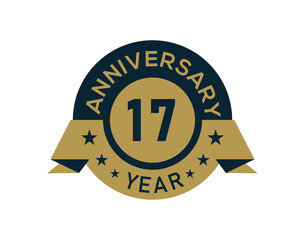 Gold 17 years anniversary badge with banner image, Anniversary logo with golden isolated on white background