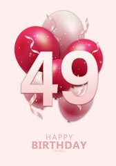 Happy 49th birthday with realistic red and rosegold balloons on light rose background. Set for Birthday, Anniversary, Celebration Party. Vector stock.