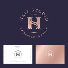 Hair studio logo. H and S in gold letters. H, S illusory monogram. Beauty salon, barbershop emblem. Business card