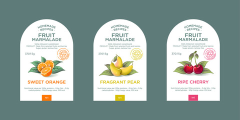 Set of 3 labels, packaging of fruit marmalade. Nature organic product. Text with realistic fruits and leaves on white base. 