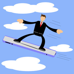 Illustration vector graphic cartoon character of a man uses technology to fly high towards a goal