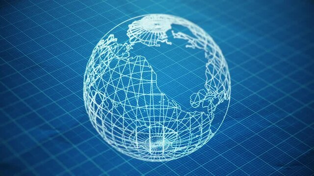 Abstract background with animation of blueprint drawing earth globes. Animation of seamless loop.