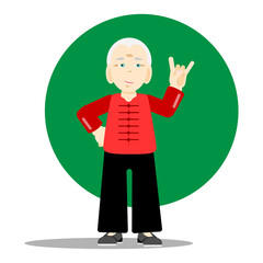 Vector portrait of an elderly Asian man showing the sign of the horns. The best grandfather. Cool grandpa. International Day of Older Person.