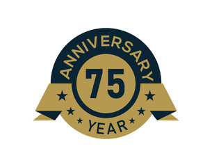 Gold 75 years anniversary badge with banner image, Anniversary logo with golden isolated on white background