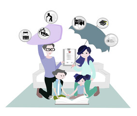 Vector illustration Insurance warranty concept. Children reading books. Dad holds a shield and mom holds an umbrella. Family and  icon of savings, accidents, medical treatment, retirement age.