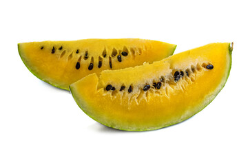 ripe sweet yellow watermelon pieces isolated on white