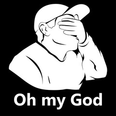 Vector illustration. Isolated silhouette of man covering his face with hand with text on black background. Design element for poster, banner, clothes. Simple flat style.