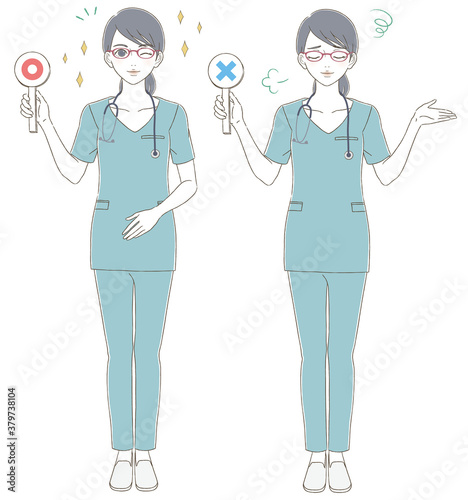 医療 医者手描き風 青いスクラブを着て眼鏡をかけた女性医師の全身イラストセット Wall Mural 美咲 吉井