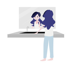 Vector Woman brushing teeth in the bathroom. Cute girl  stay at home. People illustration . Cute cartoon character person flat design .Clip art on white isolated background.