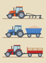Three farm tractors isolated on beige background. Heavy agricultural machinery for field work. Flat style, vector illustration.
