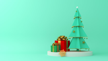 Naklejka na ściany i meble Christmas tree and gift box 3d rendering.